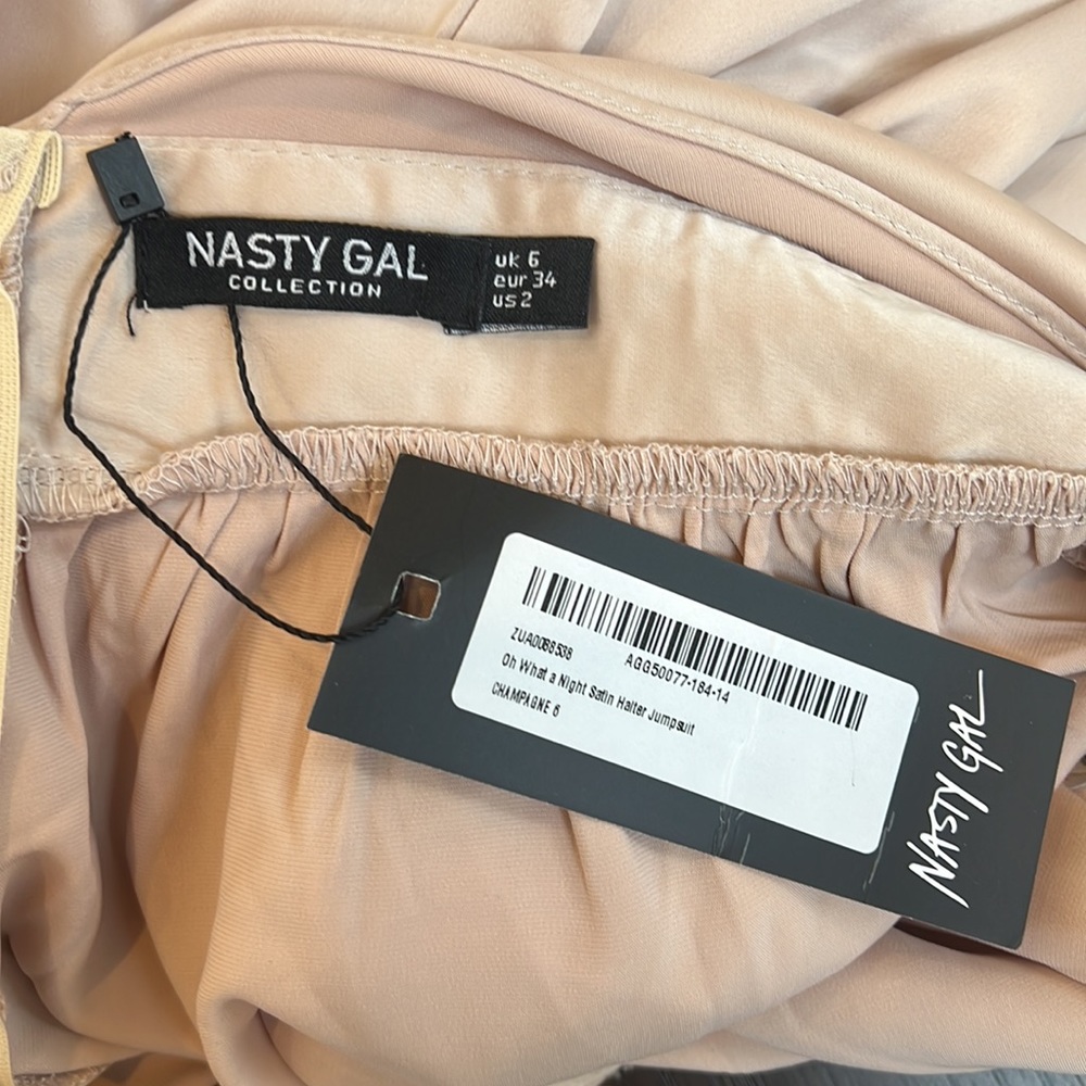 NWT Nasty Gal “Oh What A Night” Champagne Satin Halter Wide Leg Jumpsuit - Picture 5 of 6
